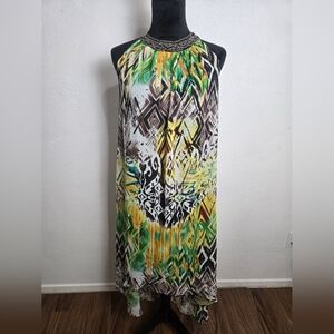 Allen B. By Allen Schwartz Green Yellow Summer Backless Halter Dress Boho